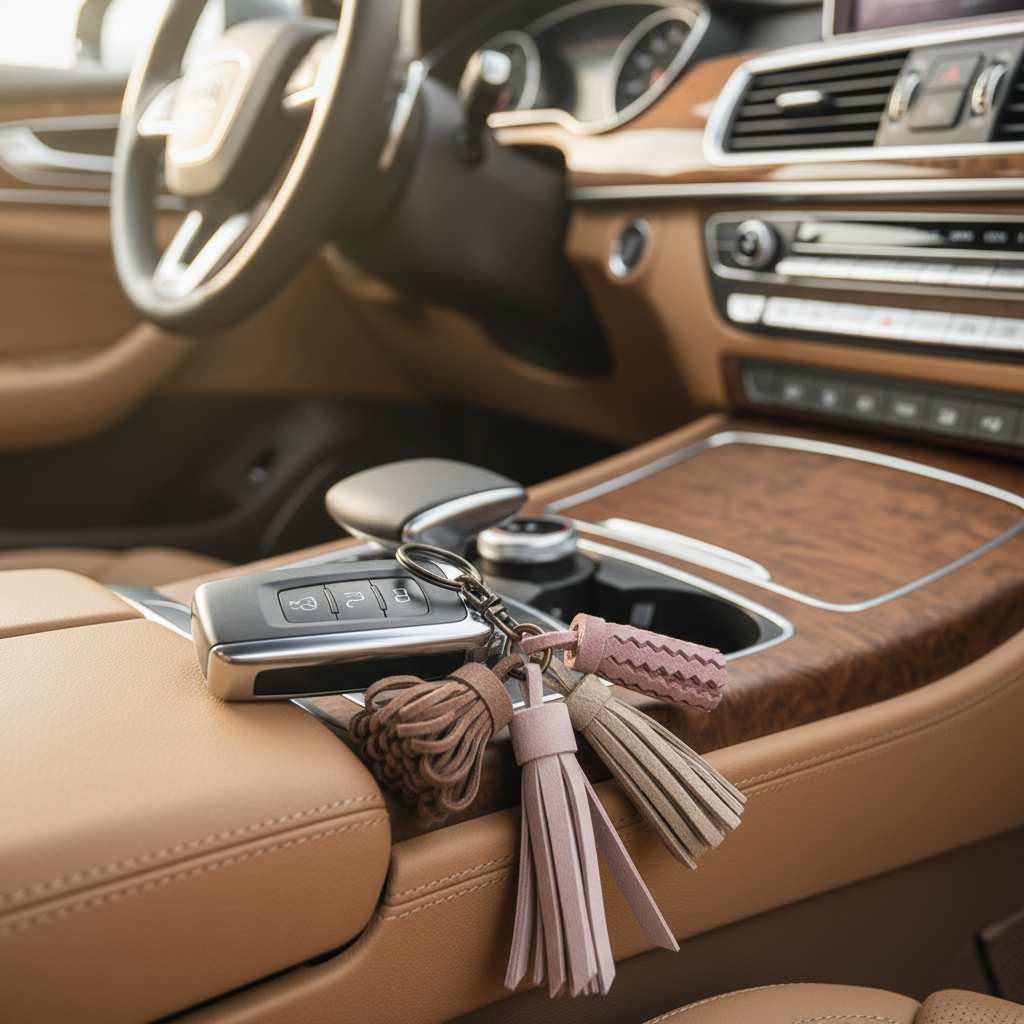 Llavero de piel artesanal colgando de llaves de coche premium